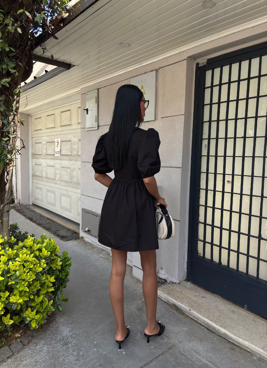 Front Bow Tie and Balloon Sleeve Dress