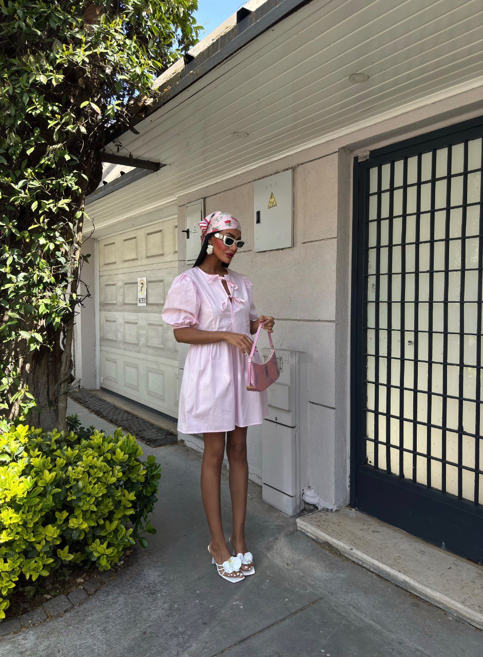 Front Bow Tie and Balloon Sleeve Dress