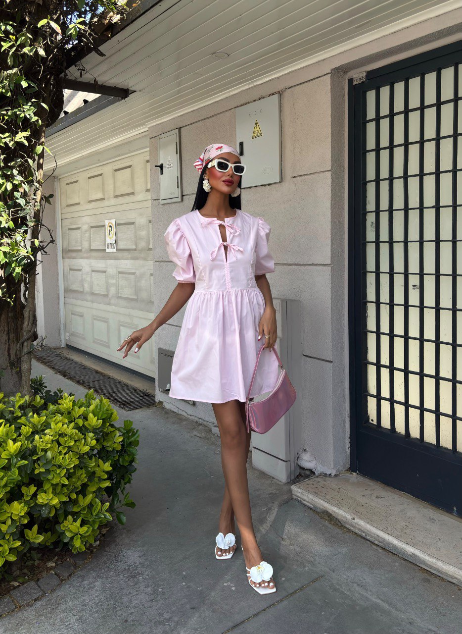 Front Bow Tie and Balloon Sleeve Dress