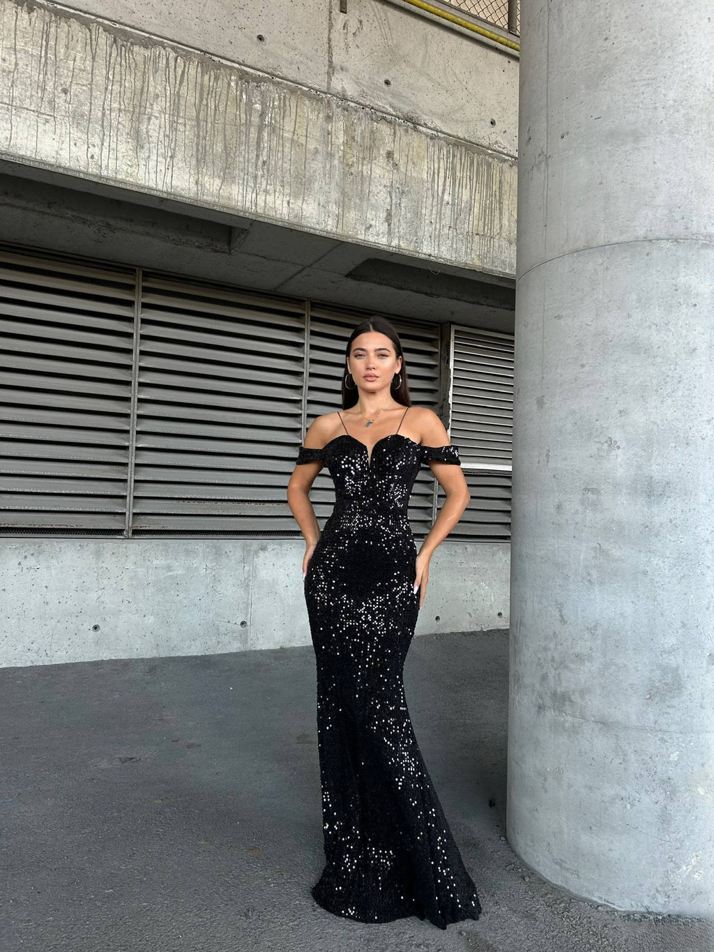 Black Velvet Sequin Gown