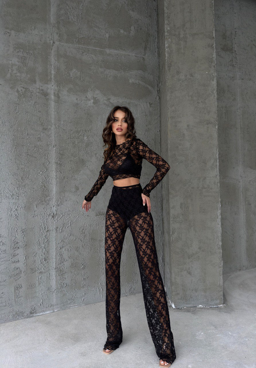Noir Lace Crop & Pants Set