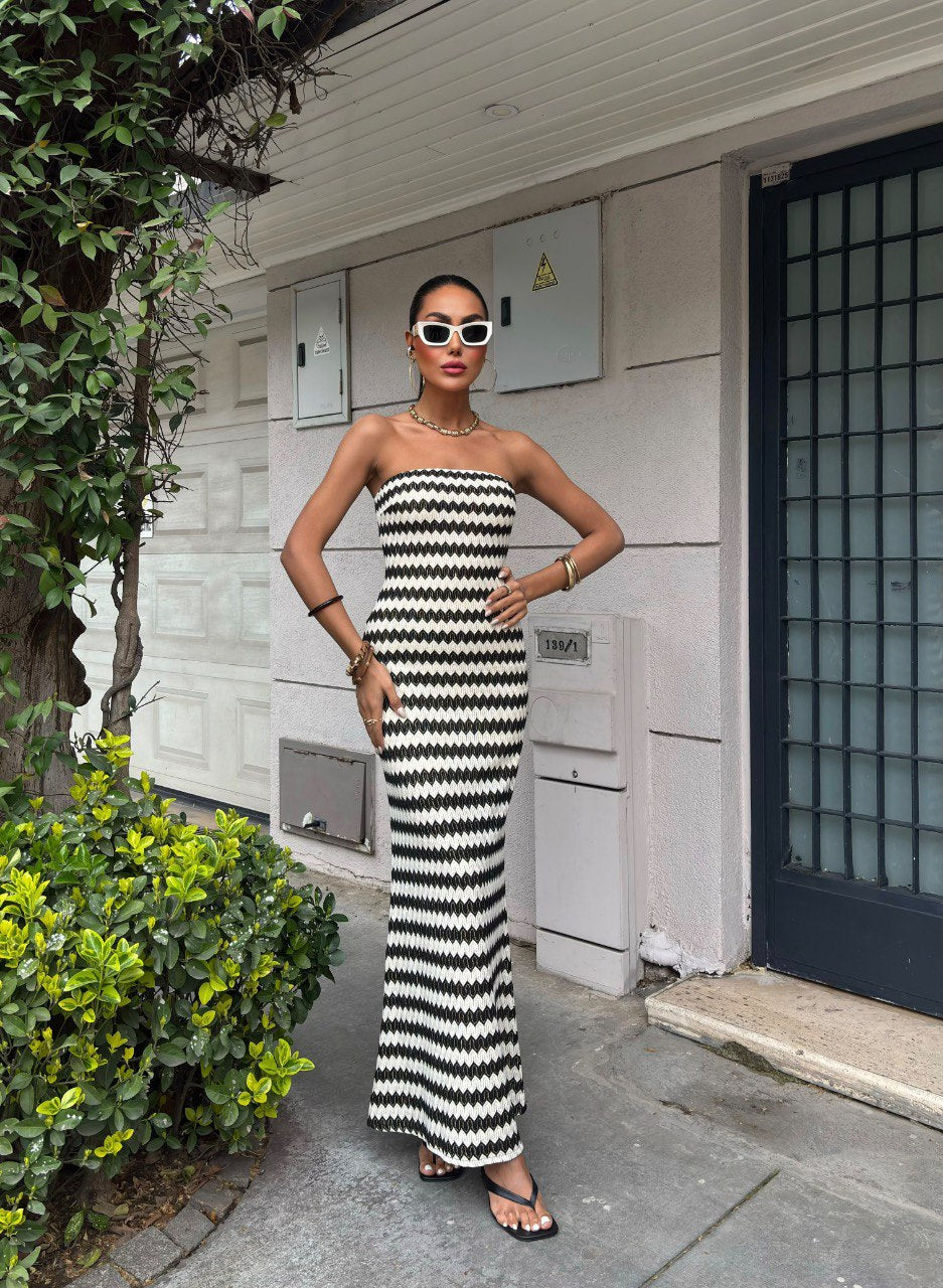 Striped Patterned Strapless Elegant Dress